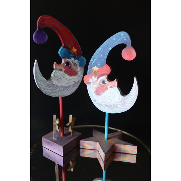 Vintage Lot Of 2 Hand Painted Wooden Crescent Moon Santa Celestial Whimsy Decor - Picture 1 of 16